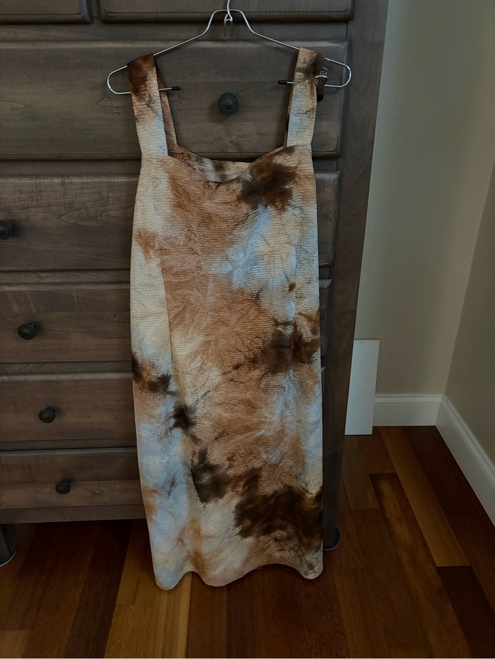 Tie-Dye Brown Midi Dress with Wide Straps